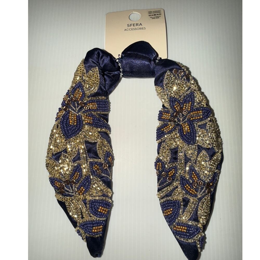 Elegant Navy Beaded Headband with Gold & Bronze Floral Embroidery - Picture 9 of 10